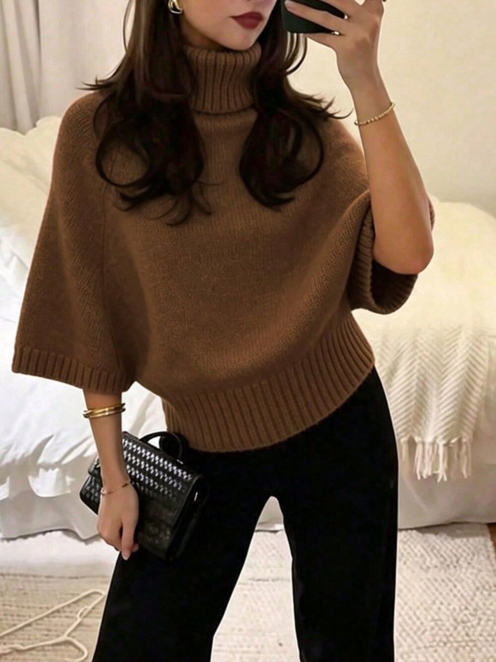 Brown Casual Women's High Neck Plain Loose Fit Knit Pullover Top